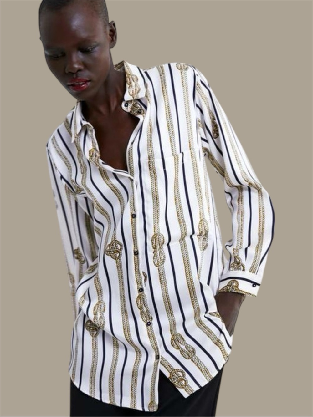 Zara Gold Chain Print Satin Button Down Tunic Shirt Small